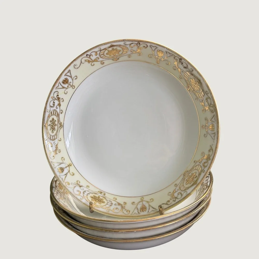 Four Vintage Noritake Christmas Ball 175 Gold Scroll Floral 7.5